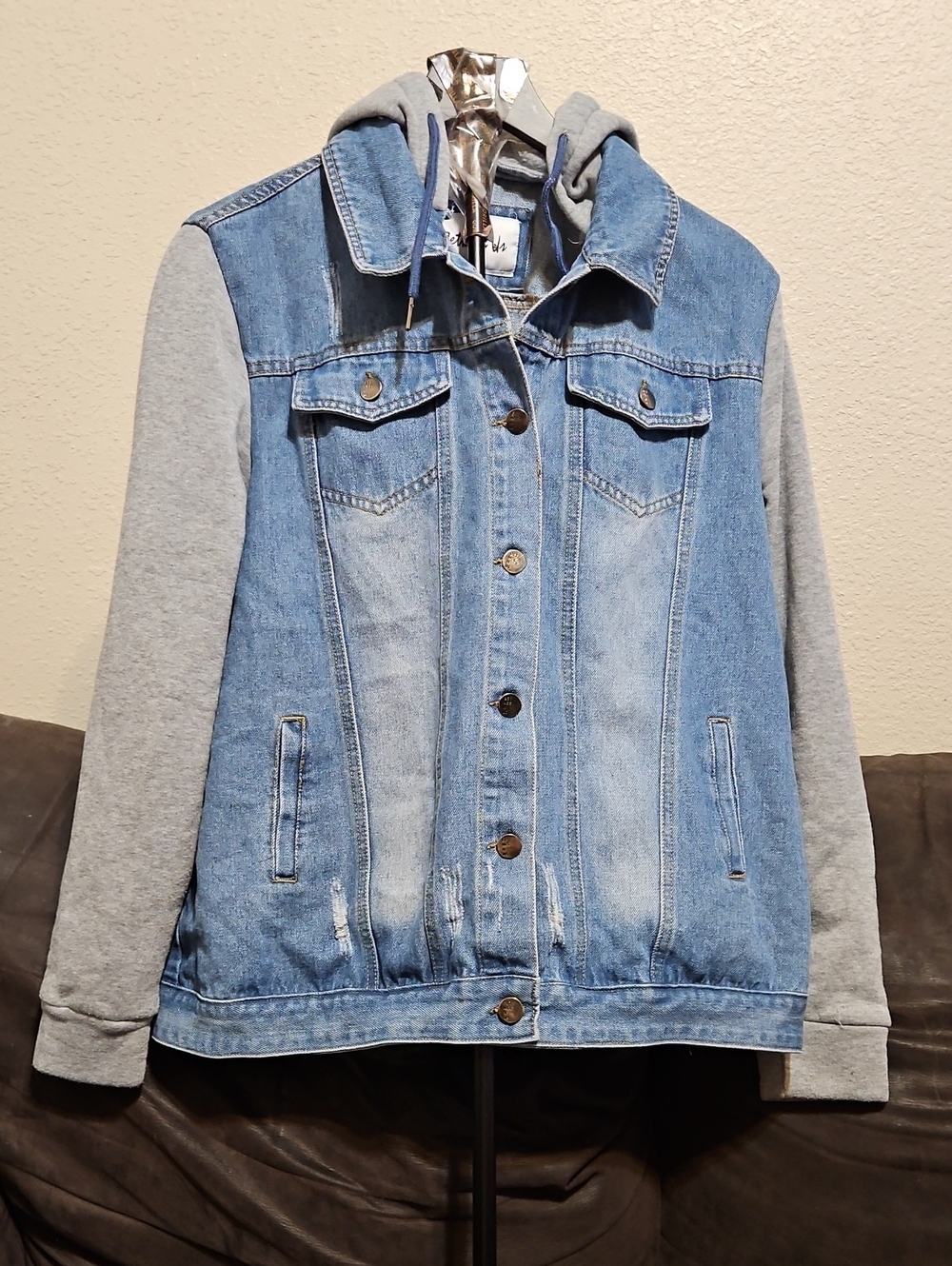 Light Blue Denim Jacket with Gray Hooded Sleeves - Casual Layered Style